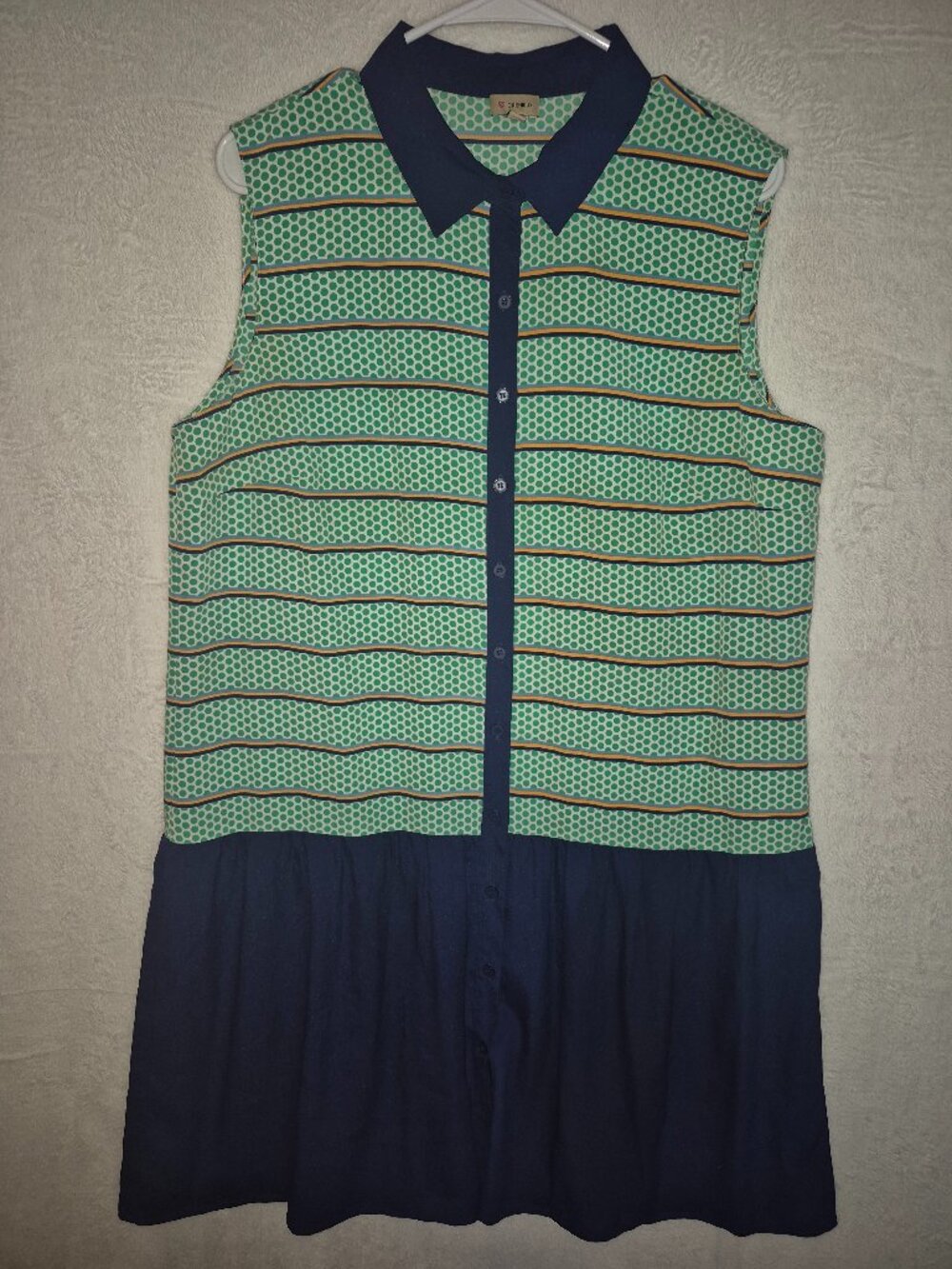 Cremieux Size 14 Drop Waist Shirt Dress Green Polka Dot 60s Retro Nautical Chic